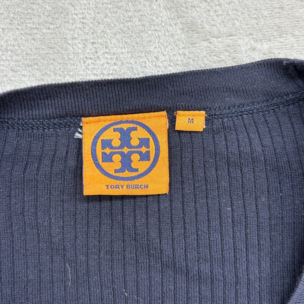Tory Burch Cardigan Women's M Navy Ribbed Knit Gold Logo Button V-Neck Old Money - Picture 3 of 9